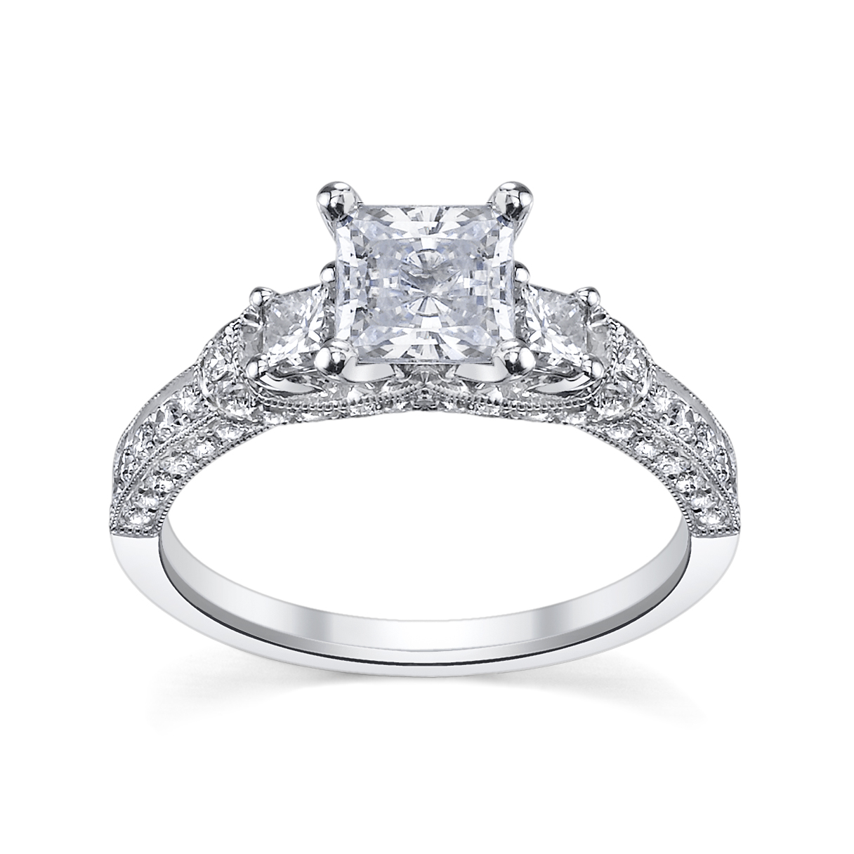 Three-Stone Princess Engagement Ring with Round Diamonds by Scott Kay ...