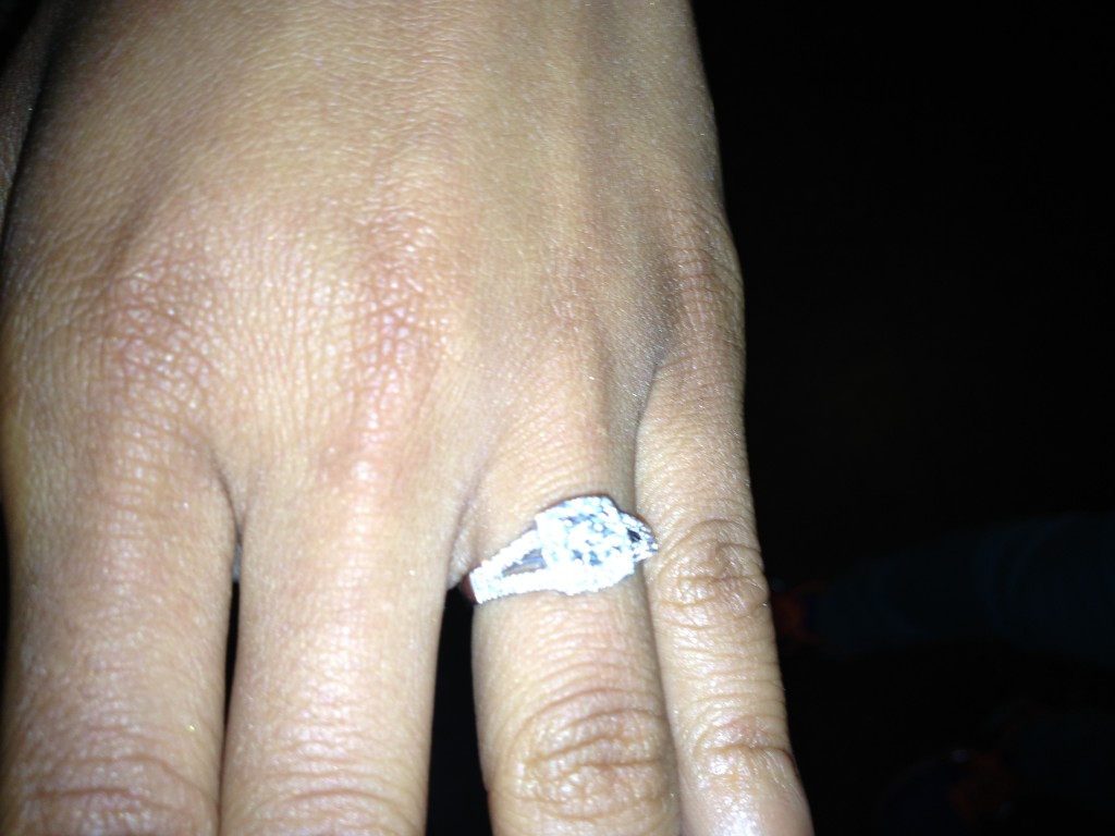 David wowed Renee with a vintage halo diamond engagement ring from the Robbins Brothers Cherish Collection