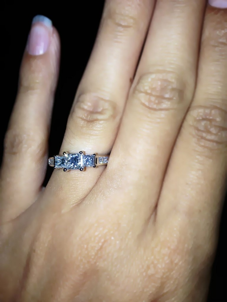 Danielle's gorgeous three-stone diamond engagement ring, ordered through Robbins Brothers' Online Ring Center