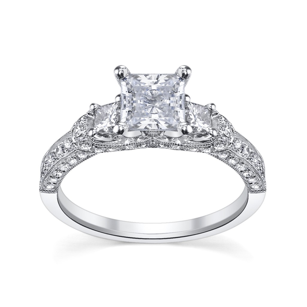 Three-Stone Princess Engagement Ring with Round Diamonds by Scott Kay, available at www.RobbinsBrothers.com (sku0376778)