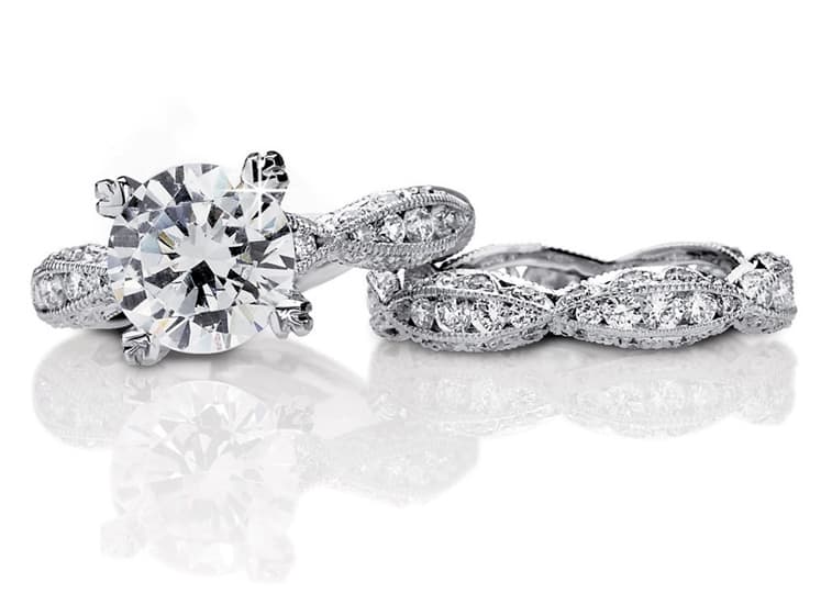 Engagement ring style no. 2578RD9 and wedding band 2578B from Tacori’s Classic Crescent Collection.