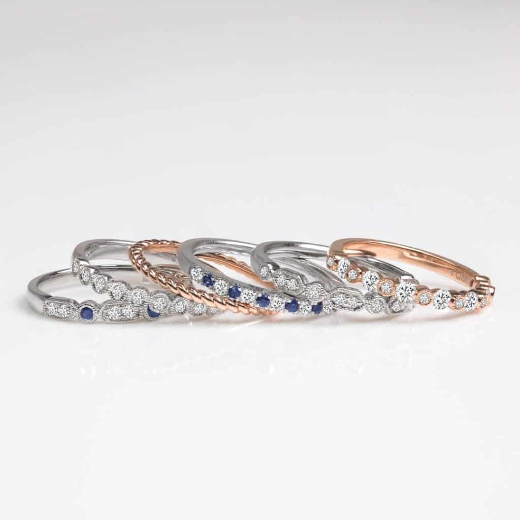 Stackable rings with white gold, rose gold & blue sapphires