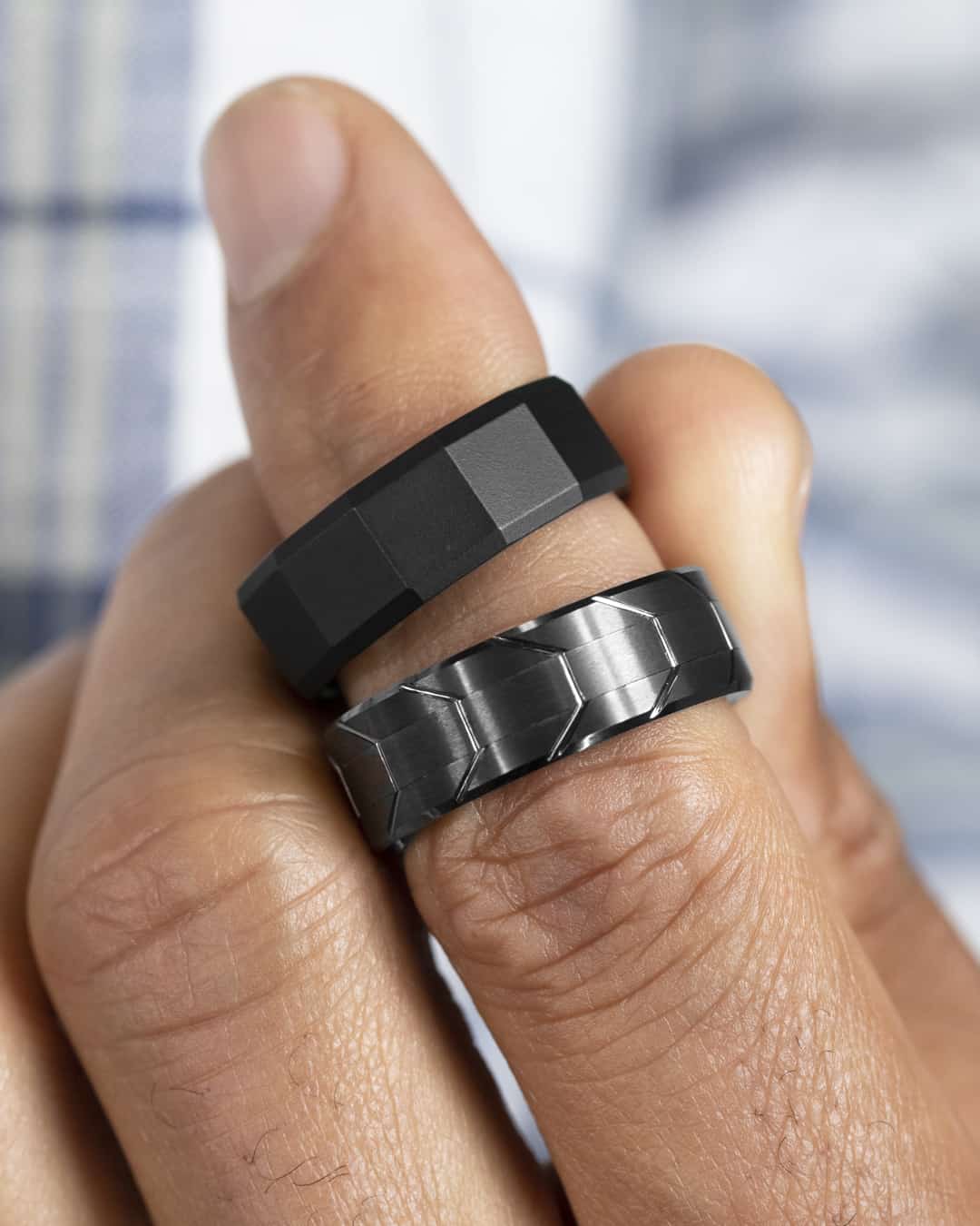 8mm - Tungsten wedding Rings W/ Black Meteorite Inlay Beveled Edges|  RingMen Jewelry