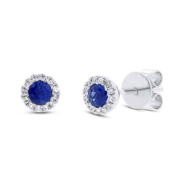 white gold blue sapphire halo diamond earrings