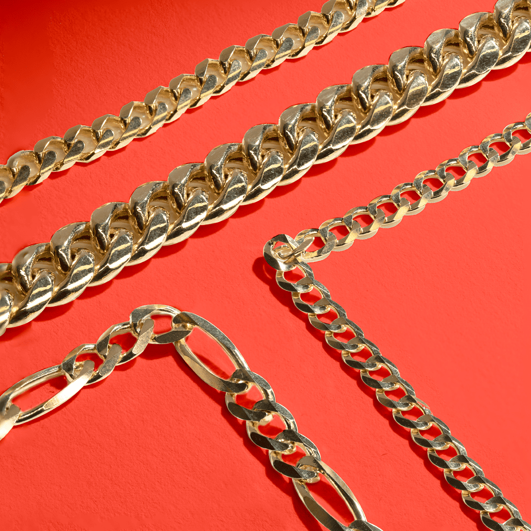 four 14k yellow gold men's chain bracelets in curb, Miami Cuban and figaro links