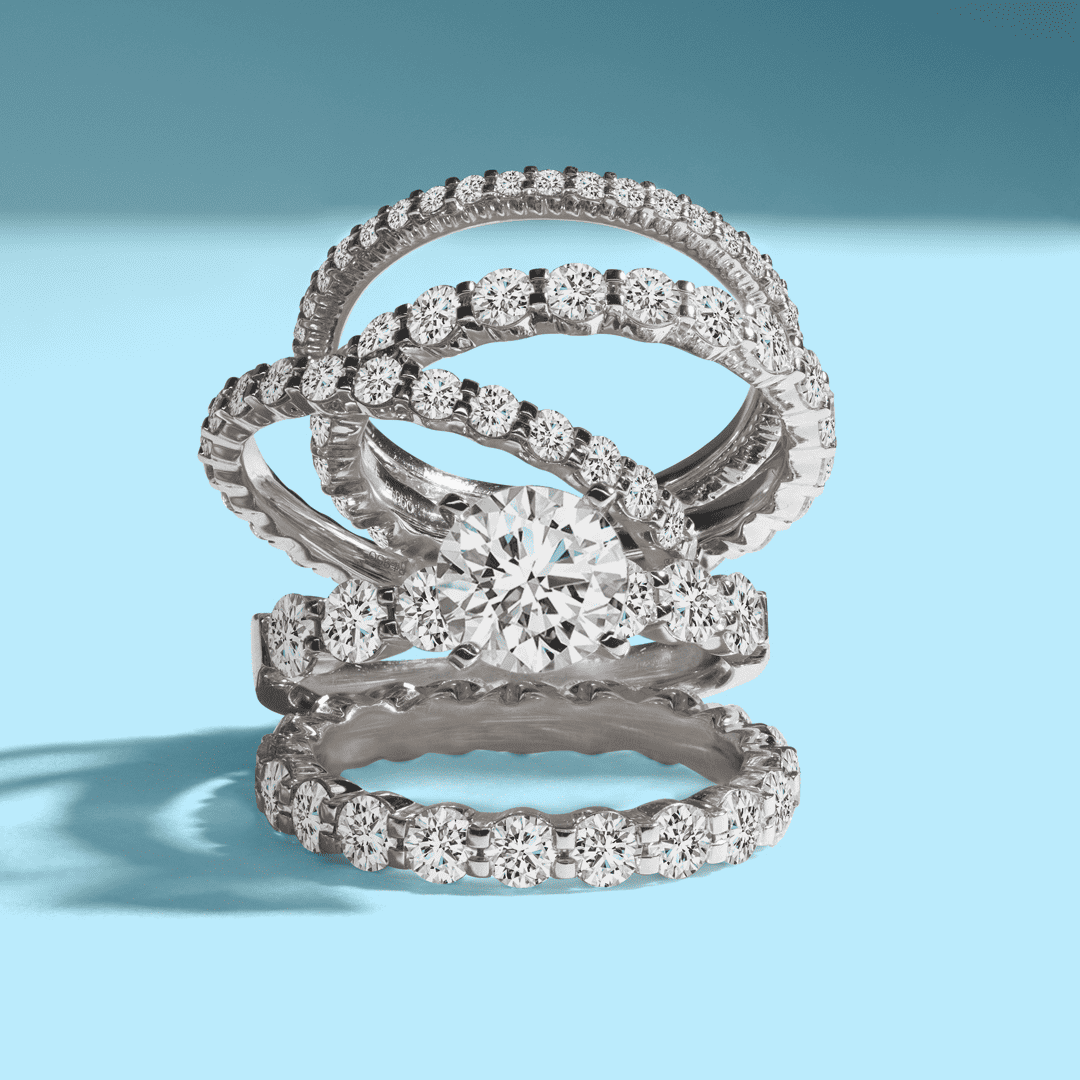 Memoire platinum diamond eternity bands stacked together