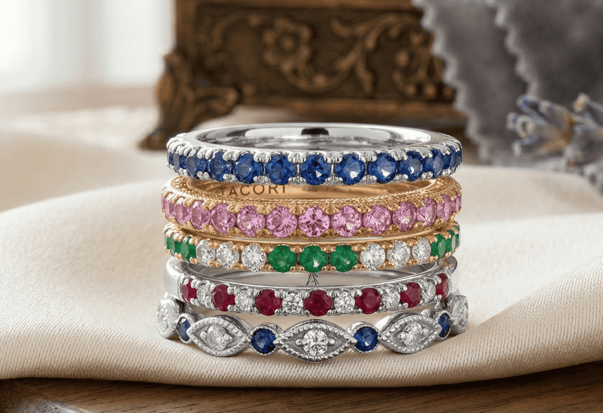 wedding ring stack with colored gemstones