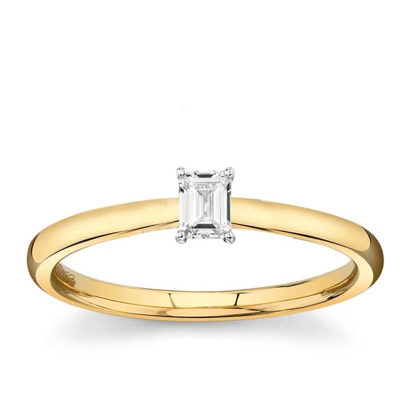 Two-tone gold solitaire engagement ring with natural emerald cut diamond center